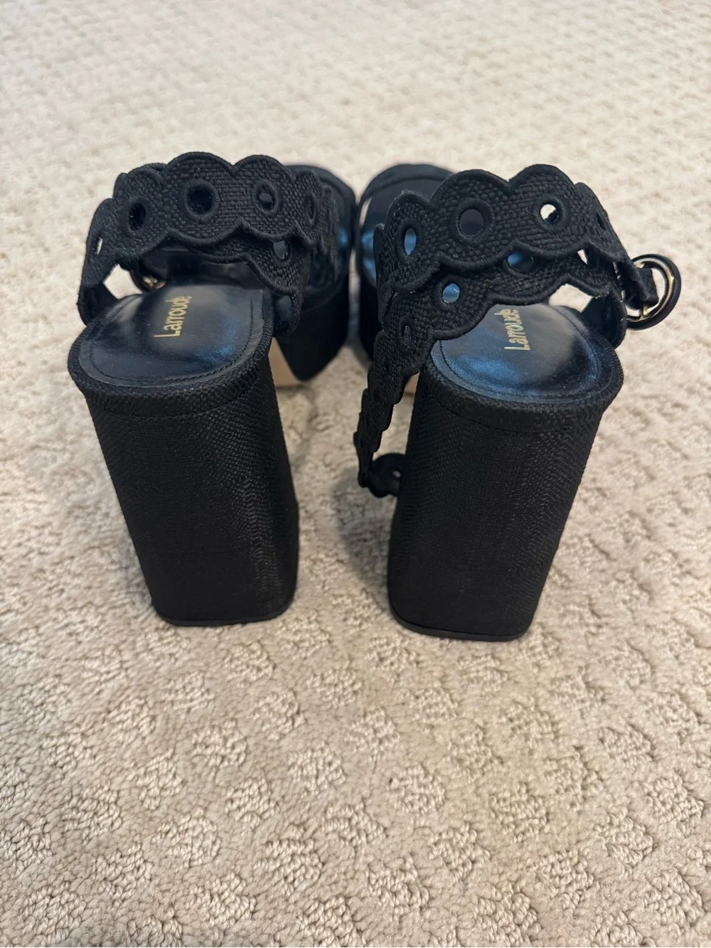 Larroude Dolly Broderie Sandal in Black Raffia